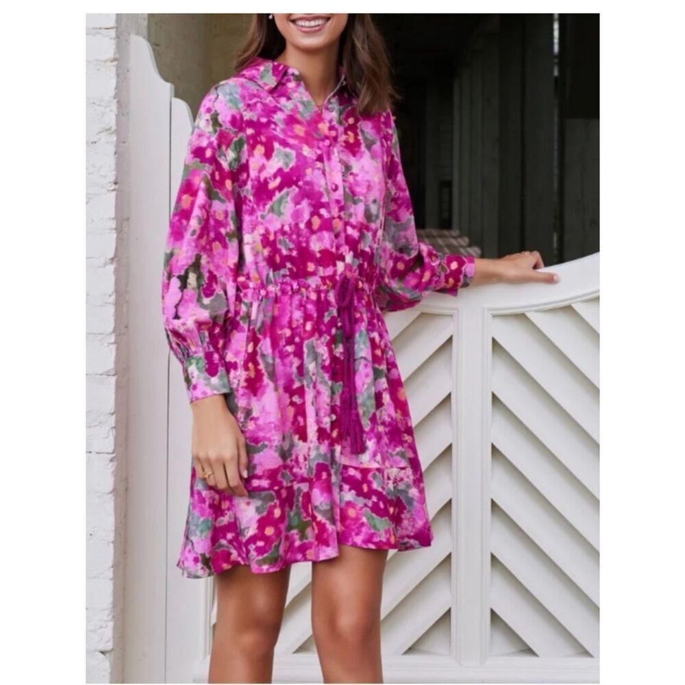 $238 Hermoza Rebecca Collared Tie Mini Dress in Pink Floral Ikat NWT